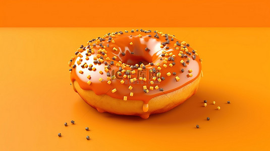 生日橙色背景背景图片_焦糖洒顶甜甜圈的 3D 渲染，在橙色背景上特写隔离