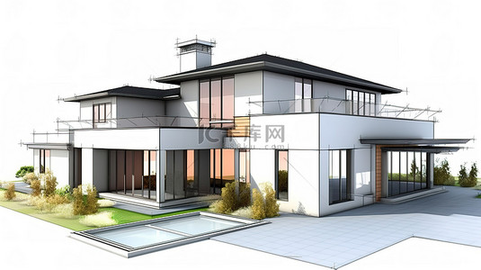 3d草图模型背景图片_建筑设计中的住宅草图从概念到现实的 3D 可视化演变