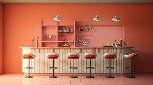 褪色珊瑚色软椅厨房吧台的 3D 渲染