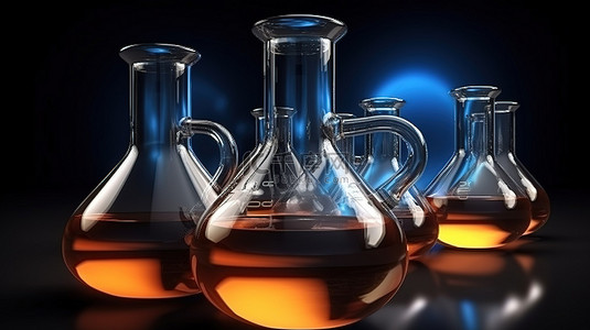 生物化学实验室背景图片_黑色背景上充满化学品的烧杯的 3D 渲染