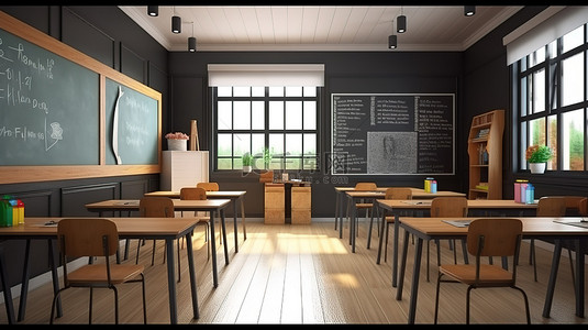 教室背景墙背景图片_现代教室配有时尚的桌子舒适的座椅和清晰的黑板视野令人惊叹的 3D 设计