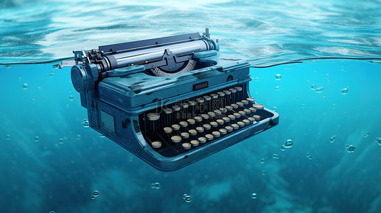 蓝色海浪中老式打字机的特写 3D 渲染