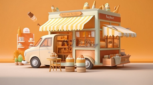甜点店背景背景图片_卡通甜点店的 3D 插图，提供咖啡店和餐厅送货服务