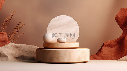 土质岩石底座自然美的支架，用于产品展示放松和健康 3D 插图