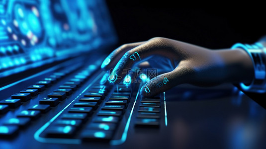 键盘打字的手背景图片_机器人手在带有空白屏幕 3D 渲染的笔记本电脑键盘上打字