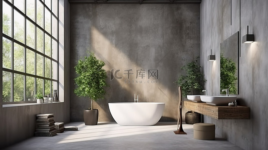 带水泥墙的简约浴室，工业阁楼风格的 3D 渲染