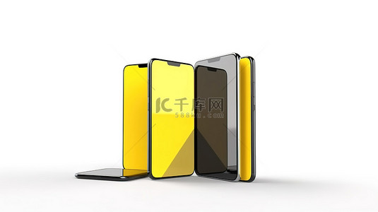 具有黑色和黄色全屏显示的白色隔离智能手机模型的 3D 渲染