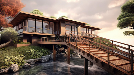 带桥入口的当代木屋的建筑 3D 插图