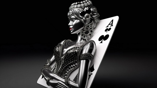 现代黑白钻石皇后扑克牌标准尺寸，适用于扑克和赌场游戏 3D 渲染插图