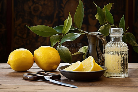 旧木桌上的橄榄油和柠檬削皮器