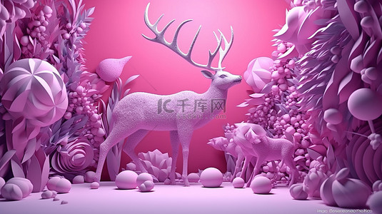 新年喜庆元素背景图片_喜庆新年插画冬季紫粉色 3D 组合物，以圣诞鹿和雪花为特色