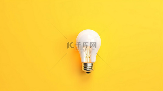 黄色背景与白色水平灯泡代表创意和创新与复制空间 3d 渲染