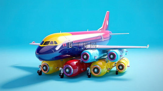 卡通玩具卡通背景图片_卡通玩具飞机装饰聚碳酸酯手提箱，用于蓝色背景的航空旅行 3D 渲染