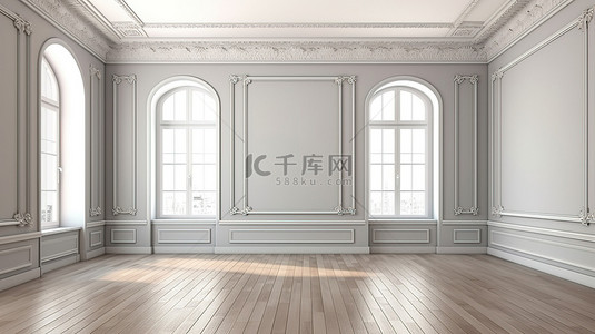 房子木背景图片_宽敞的房间设有墙檐和木地板 3D 渲染