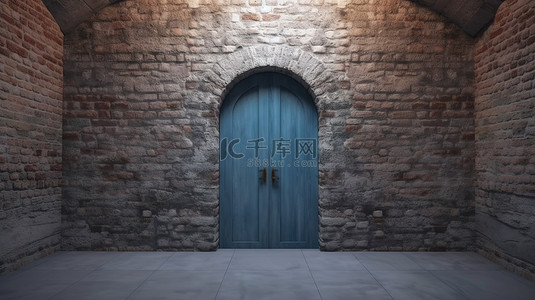 带蓝色门的石砖墙打开 3D 渲染