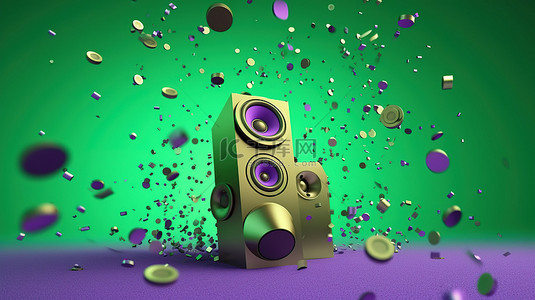 销售蓝色背景图片_创新的 3D 绿色扬声器在飞行中用通用硬币在紫色上爆炸