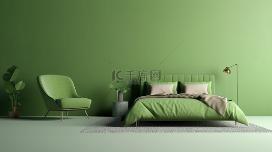 绿色简约家居背景图片_浅色背景上绿色床和房间装饰的简约 3D 渲染，具有充足的复制空间