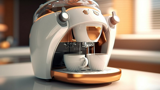 家用咖啡机 3D 渲染和插图