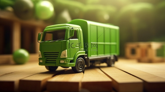 木桌上绿色卡车的生态友好运输 3D 插图，带有环境图标