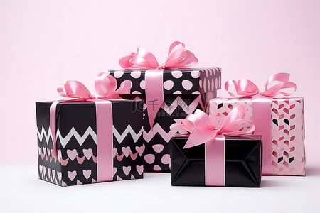 四个带有黑色和粉色装饰和粉色丝带的盒子