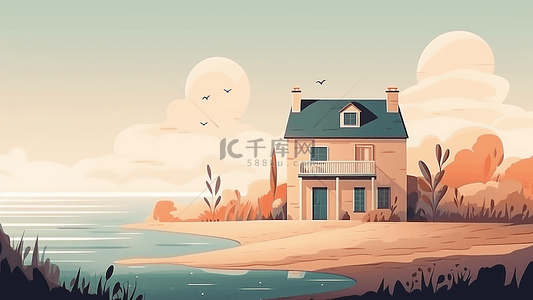 卡通房子海景背景