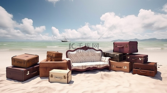 沙滩上沙发和行李的热带逃生 3d 渲染