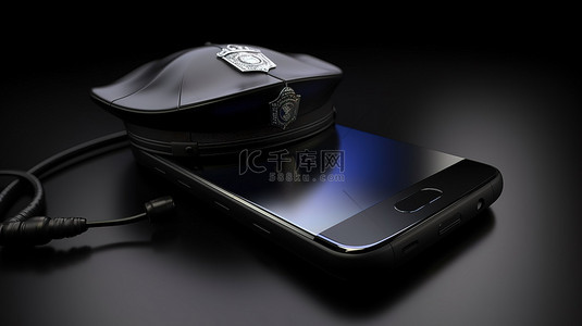 智能呼叫背景图片_移动安全服务带警察帽的 3d 智能手机
