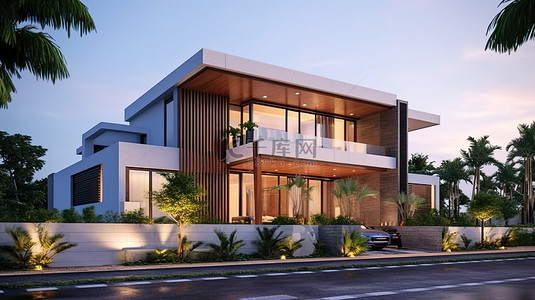 3D渲染现代立面房屋建筑设计的全景外部插图