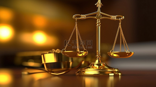 城郊法院背景图片_金色的秤和木槌法律的概念表示与 3D 渲染