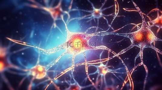 神经元细胞通过连接传输神经信息的 3D 渲染