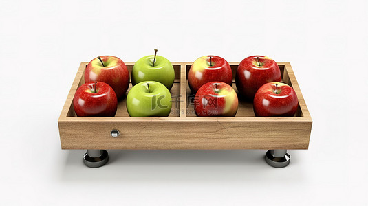 3D 渲染图像电子食品秤与白色背景上的苹果盒