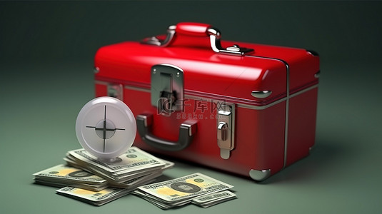 信贷和贷款的锁定汇率现金的 3D 渲染钱包手提箱和信用卡