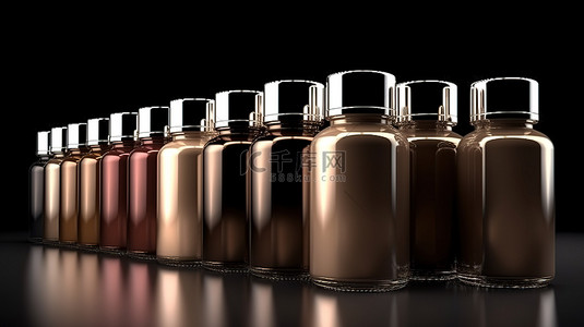 白色乳液背景图片_含有深米色或棕色底色液体粉底的隔离玻璃瓶的 3D 插图