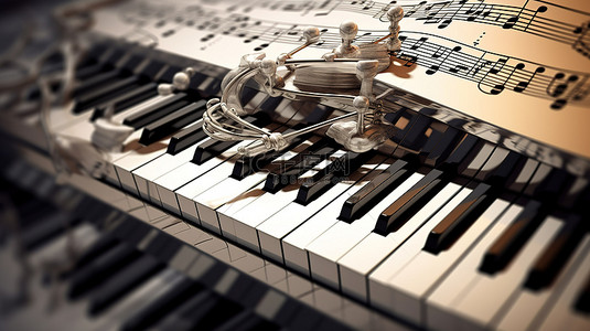 音乐播放键背景图片_扭曲的钢琴键和带有音符的乐谱人员的 3D 插图