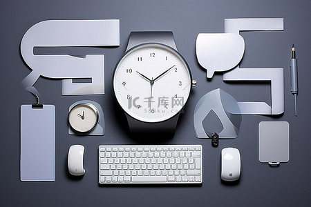 一些办公用品手表鼠标和带有单词的时钟