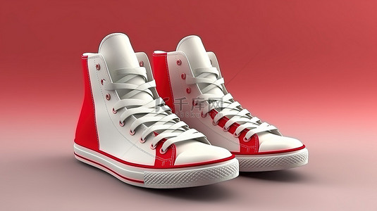 充满活力的男女通用运动鞋白色和红色帆布，高鞋底 3D 插图