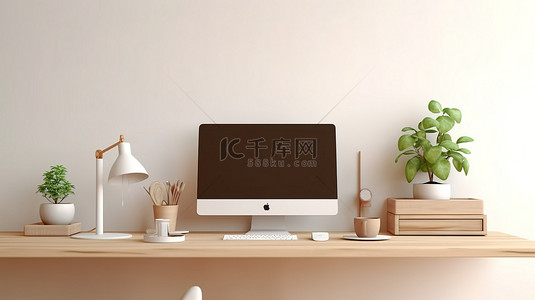 键盘电脑背景图片_具有简约工作区和 PC 电脑样机 3D 渲染的木桌设置