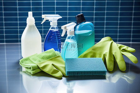 浴室清洁背景图片_一组脏手套一些海绵和一瓶清洁喷雾
