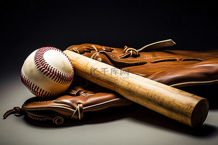球旁边放着一根旧棒球棒和手套