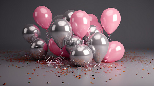 闪闪发光的粉色和银色 3D 气球非常适合庆祝生日和祝贺