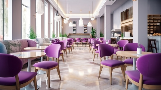 圆形木桌背景图片_充满活力和别致的餐馆大理石地板圆形木桌和薰衣草软垫椅子在 3D 渲染