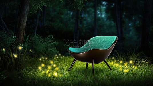 森林和草地背景的户外环境中躺椅的夜间 3D 插图