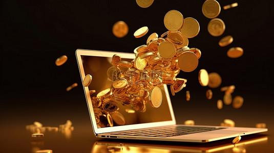 市场推广计划背景图片_3D 渲染的在线市场成功金币概念从笔记本电脑屏幕中爆发