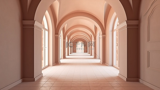 简单几何背景中的拱门走廊，带有门拱和柱子的建筑走廊的 3d 渲染