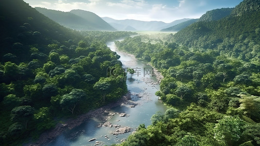 从鸟瞰图热带雨林和河流的景观 3D 插图气候和自然概念