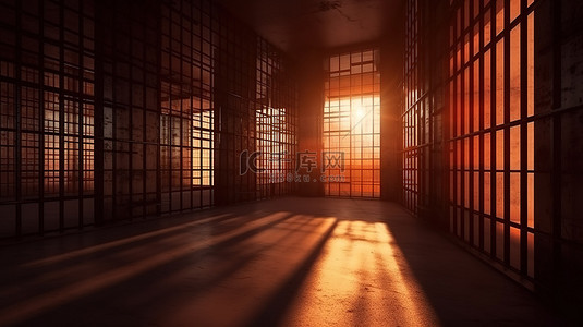 透过窗的光背景图片_监狱牢房内的 3D 渲染描绘了受限的自由和透过酒吧的光线