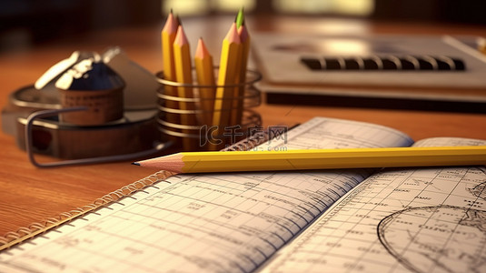 数学笔记本背景图片_学生笔记本铅笔和学校背景的复杂桌子设置，以优雅的 3D 教育主题插图
