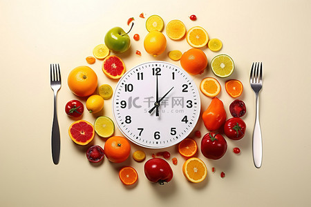 小时钟背景图片_带有水果和蔬菜的时钟的图像