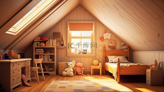 传统的儿童房配有温暖的棕色家具和屋顶窗户，令人惊叹的 3D 渲染