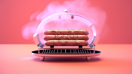 烟熏造型背景图片_烟熏粉色背景 3D 渲染烤架上的铁板香肠